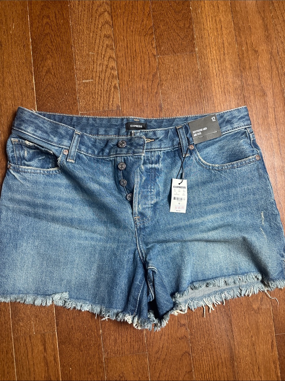Express Distressed High-Rise Button-Fly Denim Shorts in Blue